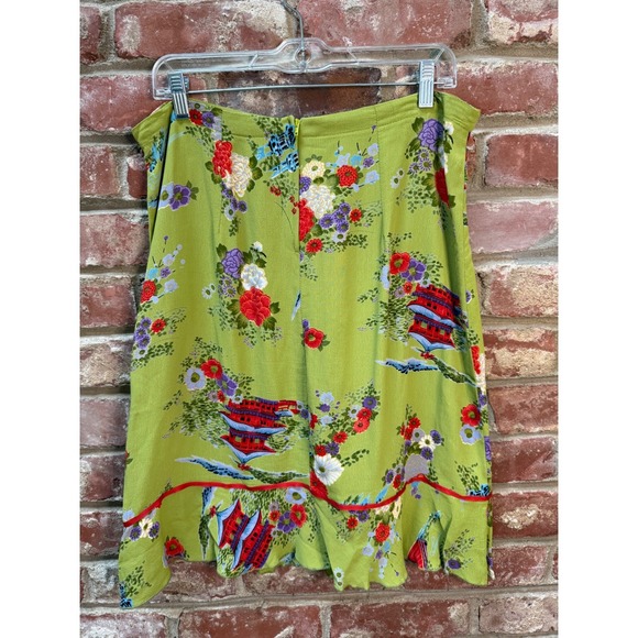 Lucy Love 90's Y2K Green Floral Print Midi Rayon Asian Skirt Waist Ruffle USA - Picture 3 of 8